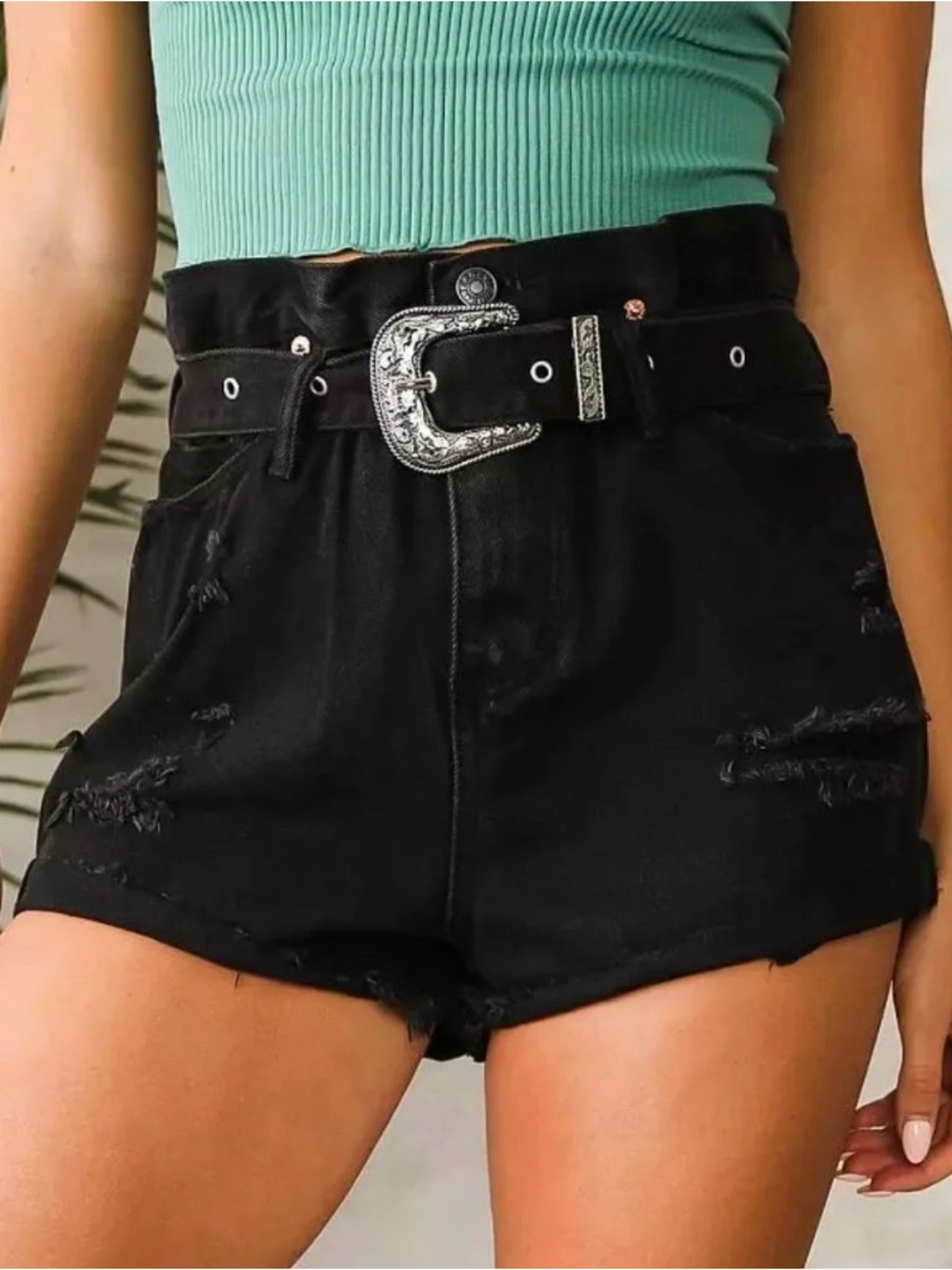 High-Waist Distressed Black Women’s Shorts with Western Buckle